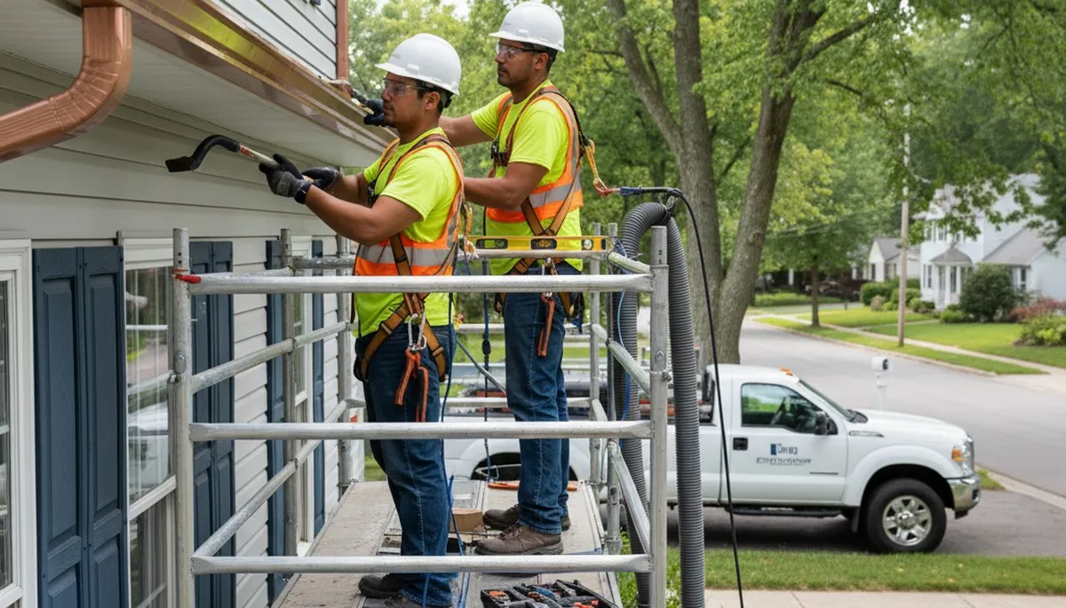 Spokane, WA gutter repair crew fixing leaking and sagging gutters on a home exterior