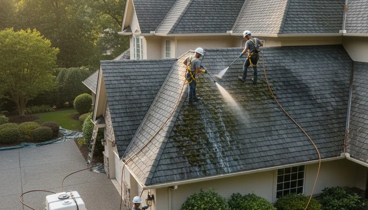 Roof cleaning in Spokane, WA by FX Remodeling & Exteriors removes moss and debris from a home roof
